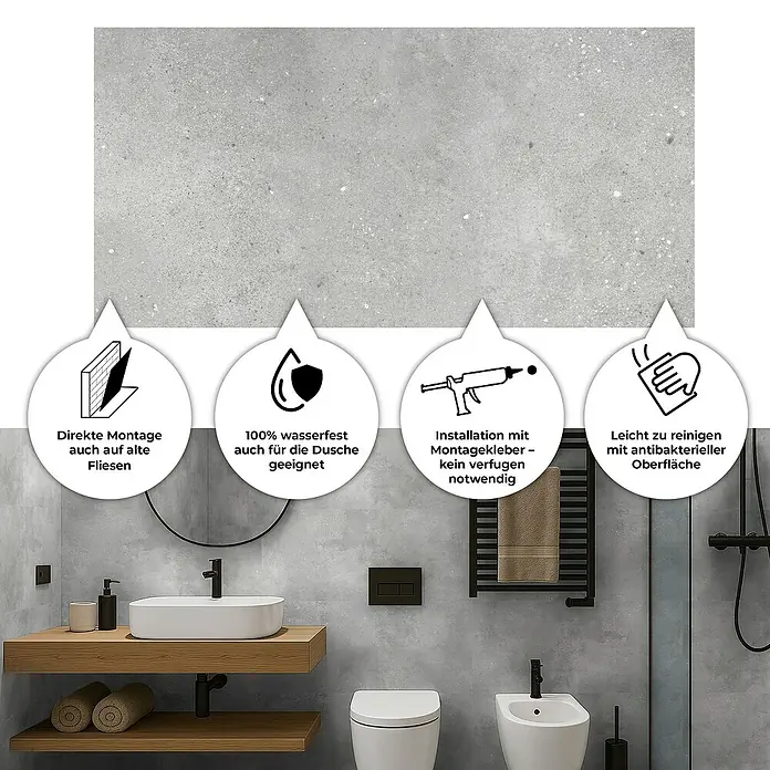 Revêt Wandpaneel SPC Wall - 600 x 300 mm, Beton Grau - Produktabbildung mit Hinweisen zur direkten Montage auf alten Fliesen, Wasserfestigkeit, Montagekleber und einfacher Reinigung.