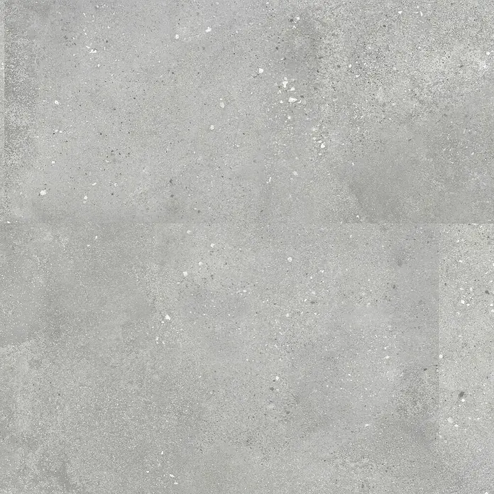 Revêt Wandpaneel SPC Wall - 600 x 300 mm, Beton Grau - Graue Betonfliese mit feinen Sprenkeln für moderne Innenräume, ideal für Boden- und Wandgestaltung.\n