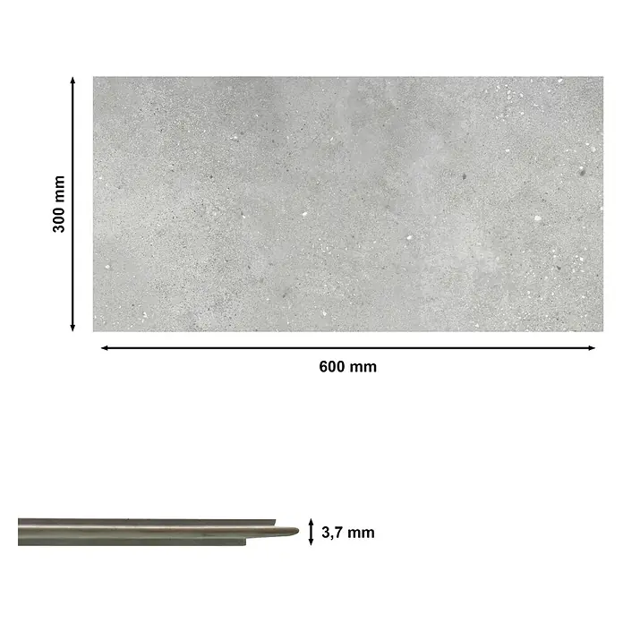 Revêt Wandpaneel SPC Wall - 600 x 300 mm, Beton Grau - Produktbild einer grauen Fliese mit den Maßen 600 x 300 x 3,7 mm.