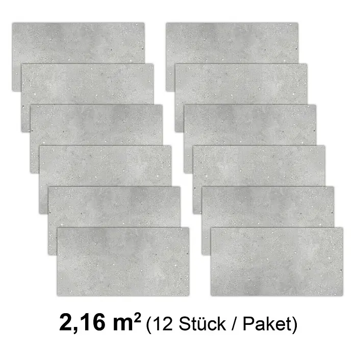Revêt Wandpaneel SPC Wall - 600 x 300 mm, Beton Grau - Bild von zwölf grauen Bodenfliesen, die ein 2,16 m² großes Paket bilden. Ideal für moderne Bodenbeläge und Renovierungsprojekte.
