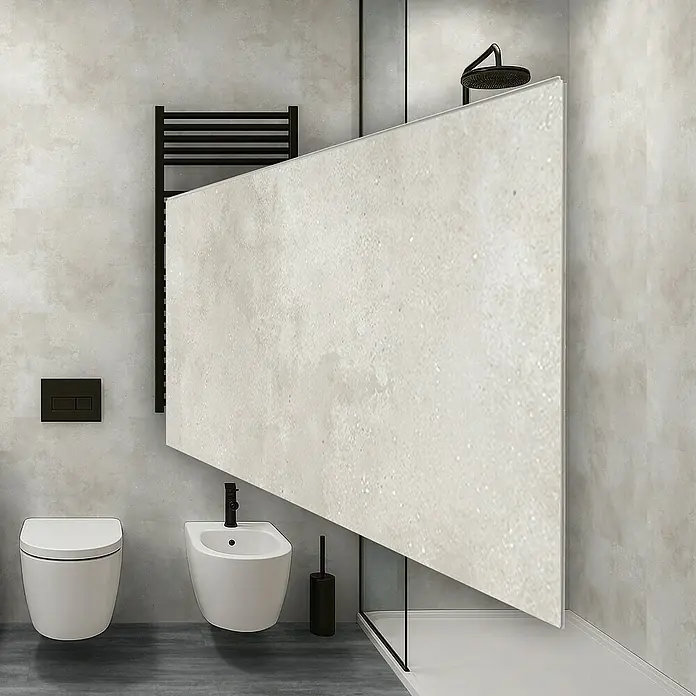 Revêt Wandpaneel SPC Wall - 600 x 300 mm, Beige - Modernes Badezimmerdesign mit minimalistischer Toilette, Bidet und einer stilvollen Duschkabine mit dunklen Akzenten für ein elegantes Ambiente.