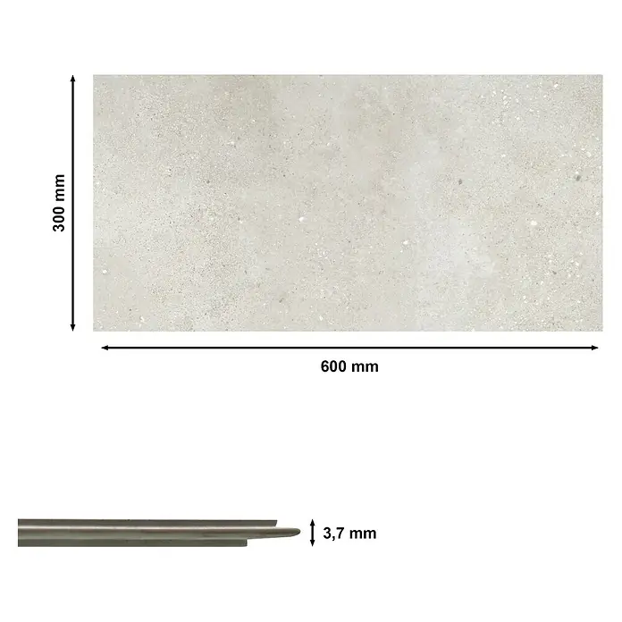 Revêt Wandpaneel SPC Wall - 600 x 300 mm, Beige - Produktbild einer hellgrauen Feinsteinzeugfliese, rechteckig, 600 x 300 mm, und einer schmalen Metallschiene, 3,7 mm hoch.