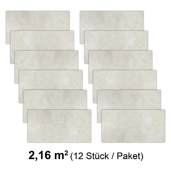Revêt Wandpaneel SPC Wall - 600 x 300 mm, Beige - Ein Paket mit 12 hellbeigen Fliesen für den Innenbereich. Die Gesamtfläche des Pakets beträgt 2,16 m².