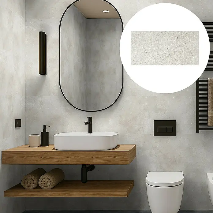 Revêt Wandpaneel SPC Wall - 600 x 300 mm, Beige - Detailaufnahme einer modernen Badezimmerwand mit einem Muster aus hellen, leicht gesprenkelten Fliesen.