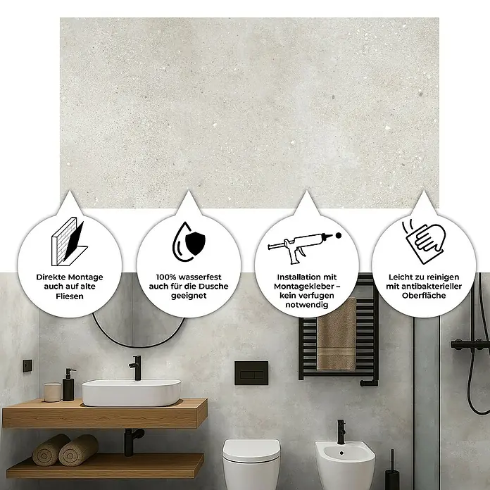 Revêt Wandpaneel SPC Wall - 600 x 300 mm, Beige - Produktbild mit Hinweisen zu Eigenschaften: Direkte Montage auf Fliesen, wasserfest, einfache Installation, leicht zu reinigen.