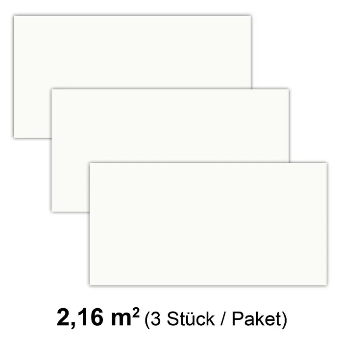 Revêt Wandpaneel SPC Wall - 1.200 x 600 mm, Weiß, Hochglänzend - Das Bild zeigt eine Packung mit 3 weißen Fliesen, die eine Fläche von 2,16 m² abdecken. Ideal für Boden- und Wandbeläge im Innenbereich.