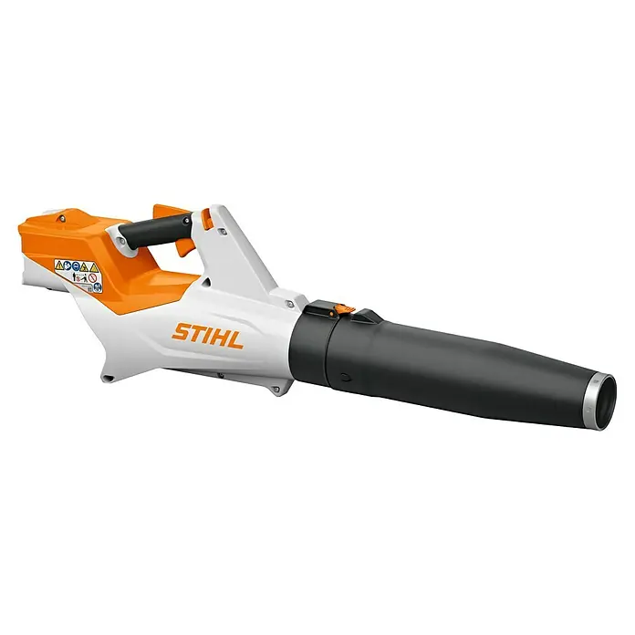 Stihl Akku-Laubbläser BGA 60 - 36 V, Ohne Akku, Blasgeschwindigkeit: 69 m/s, Blasleistung: 780 m³/h - Hier ist ein Laubbläser von Stihl in Weiß und Orange mit schwarzem Blasrohr, der eine effiziente Gartenarbeit ermöglicht.