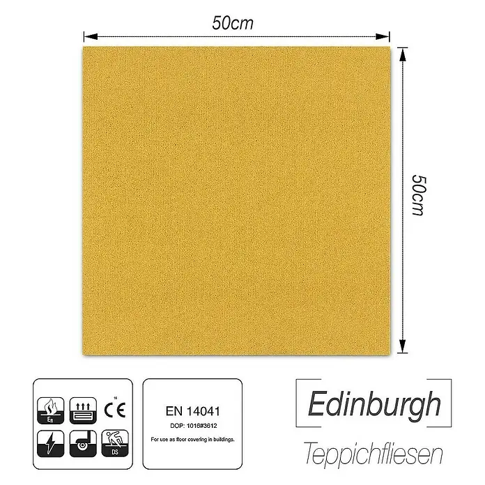 Floordirekt Teppichfliese Edinburgh - 50 x 50 cm - 0,25 m² - Gelb - Breite: 50 cm, Nylon, Gelb