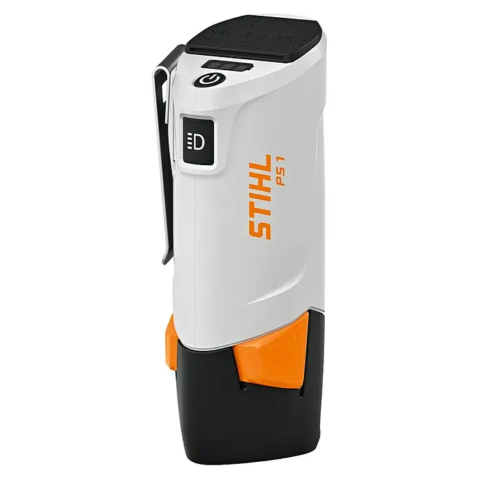 Stihl Akku-Ladegerät Portable Stromversorgung PS 1 - Passend für: Alle Akkus aus dem STIHL AS-System - Bild einer STIHL PS1 Arbeitsleuchte in Weiß, Orange und Schwarz. Die LED-Lampe bietet eine lange Lebensdauer und ist robust für den Einsatz.