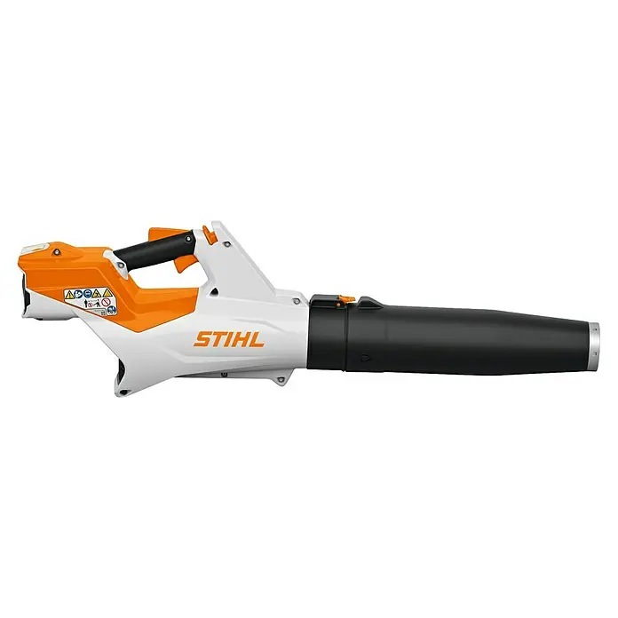 Stihl Akku-Laubbläser BGA 60 - 36 V, Ohne Akku, Blasgeschwindigkeit: 69 m/s, Blasleistung: 780 m³/h - Das Bild zeigt einen STIHL Laubbläser. Der Laubsauger ist weiß und orange und auf schwarzem Hintergrund dargestellt.