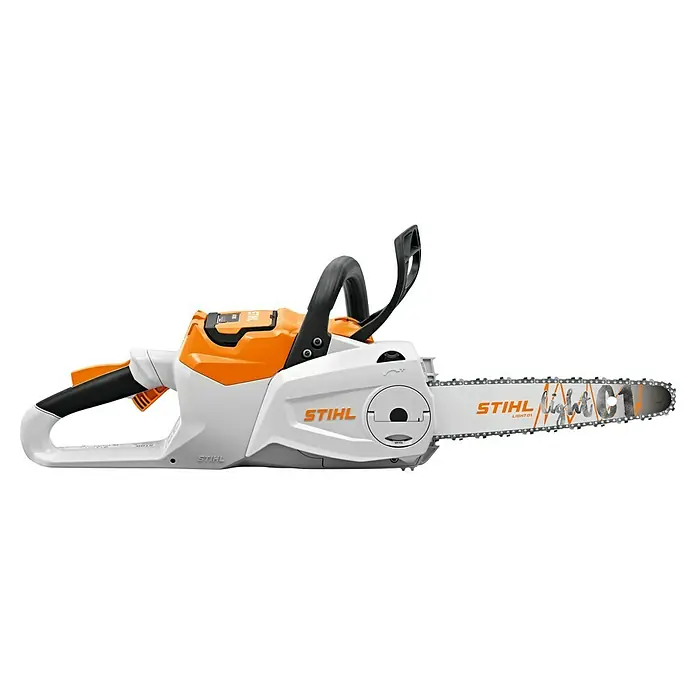 Stihl Akku-Kettensäge MSA 80 C-B - 36 V, Li-Ionen, Ohne Akku, Schwertlänge: 35 cm - Die STIHL Akku-Motorsäge ist in Weiß gehalten und hat orangefarbene Akzenten. Sie ist ein leistungsstarkes Werkzeug für Baumpflege und Brennholzsägen.