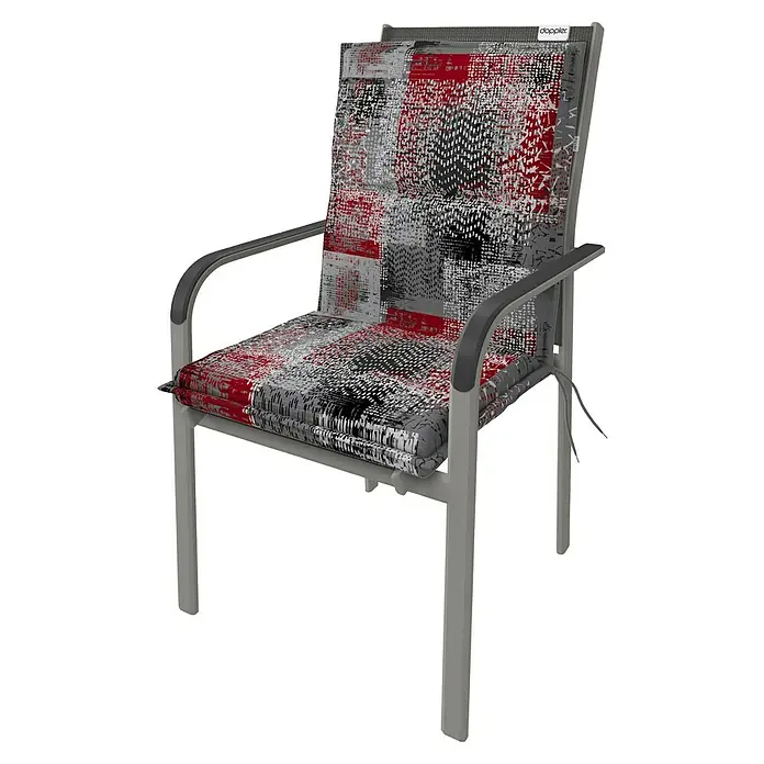 Doppler Sitzauflage Spot - Niederlehner, L x B x H: 100 x 48 x 5 cm, Kunststoff, Baumwolle, Grau/Rot/Schwarz - Gartenstuhl mit abstraktem rot-grau-schwarzem Muster.