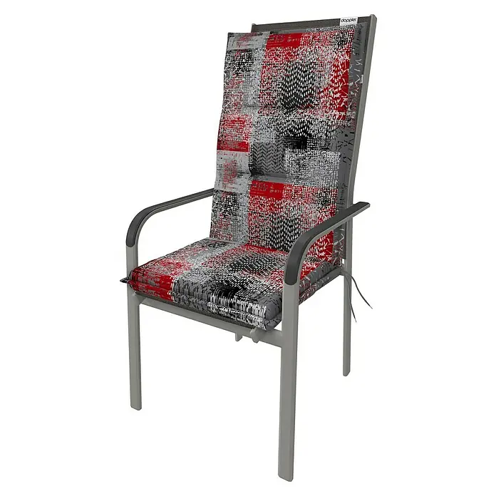 Doppler Sitzauflage Spot - Hochlehner, L x B x H: 119 x 48 x 5 cm, Polyester, Baumwolle, Grau/Rot - Ein stilvoller grauer Gartenstuhl mit einer auffälligen rot-schwarz-grauen gemusterten Polsterung, ideal für entspannte Stunden im Freien.