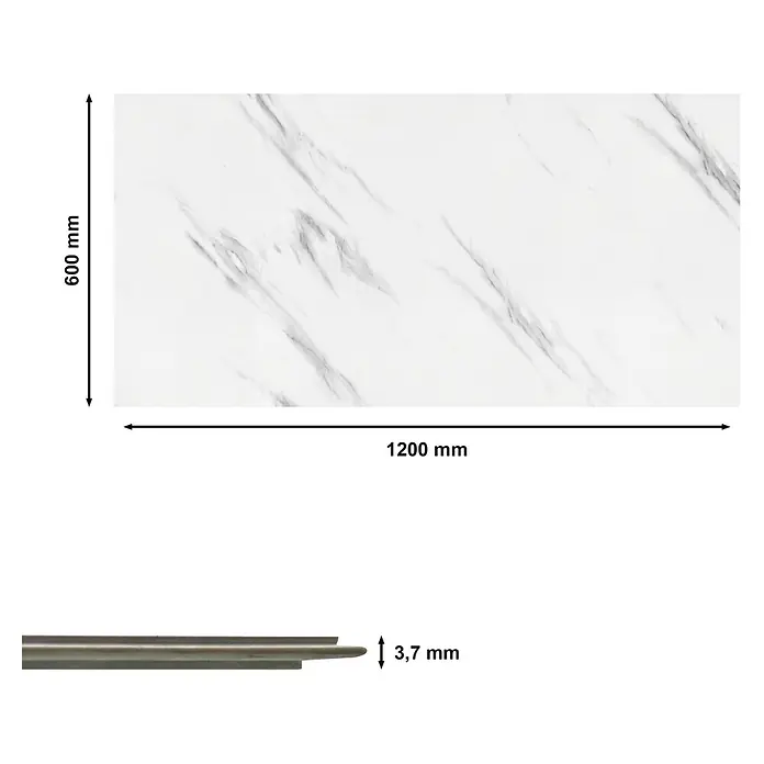 Revêt Wandpaneel SPC Wall - 1.200 x 600 mm, Marmor Weiß, Hochglänzend - Abmessungen einer weißen Marmorplatte: 600 mm x 1200 mm, Dicke 3,7 mm. Ideal für Badezimmer und Küchen.