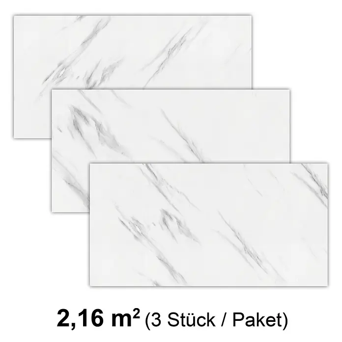 Revêt Wandpaneel SPC Wall - 1.200 x 600 mm, Marmor Weiß, Hochglänzend - Bild von drei weißen Marmorfliesen, die übereinander gestapelt sind. Fläche: 2,16 m² (3 Stück / Paket).