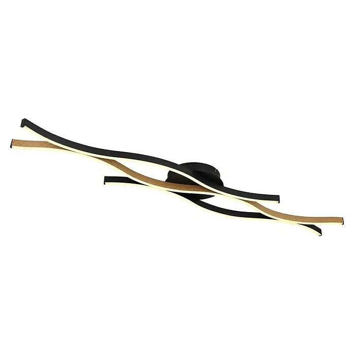 Globo LED-Deckenleuchte Geronimo - 35 W, L x B x H: 108 x 18 x 6 cm, Schwarz, Warmweiß - Nahaufnahme einer dekorativen LED-Deckenleuchte mit geschwungenem Design und Holzdetails für moderne Innenräume.