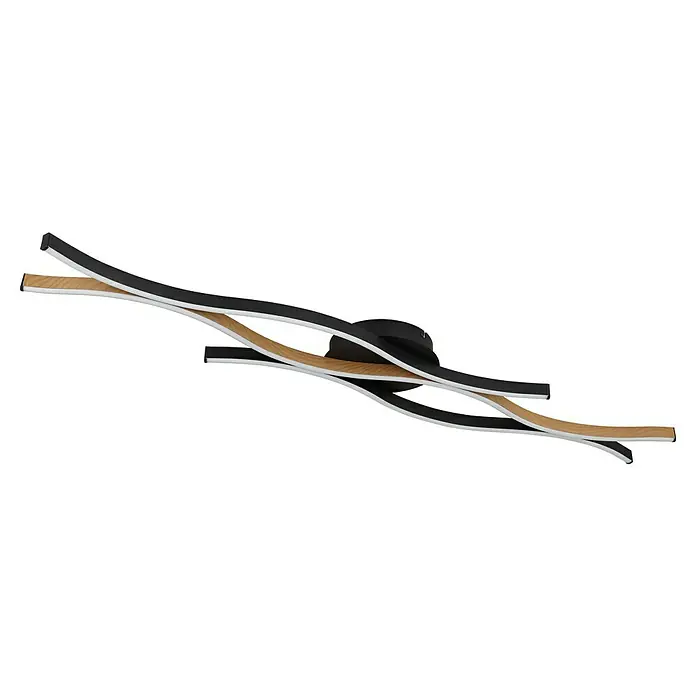 Globo LED-Deckenleuchte Geronimo - 35 W, L x B x H: 108 x 18 x 6 cm, Schwarz, Warmweiß - Nahaufnahme von zwei gestapelten Bumerangs mit schwarzem, weißem und holzfarbenem Design auf einem schwarzen Hintergrund.