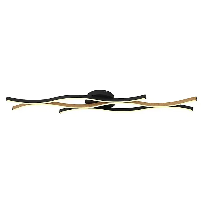 Globo LED-Deckenleuchte Geronimo - 35 W, L x B x H: 108 x 18 x 6 cm, Schwarz, Warmweiß - Eine moderne LED-Deckenleuchte mit geschwungenem Design in Schwarz und Holzoptik, die ein warmes, einladendes Licht verbreitet.