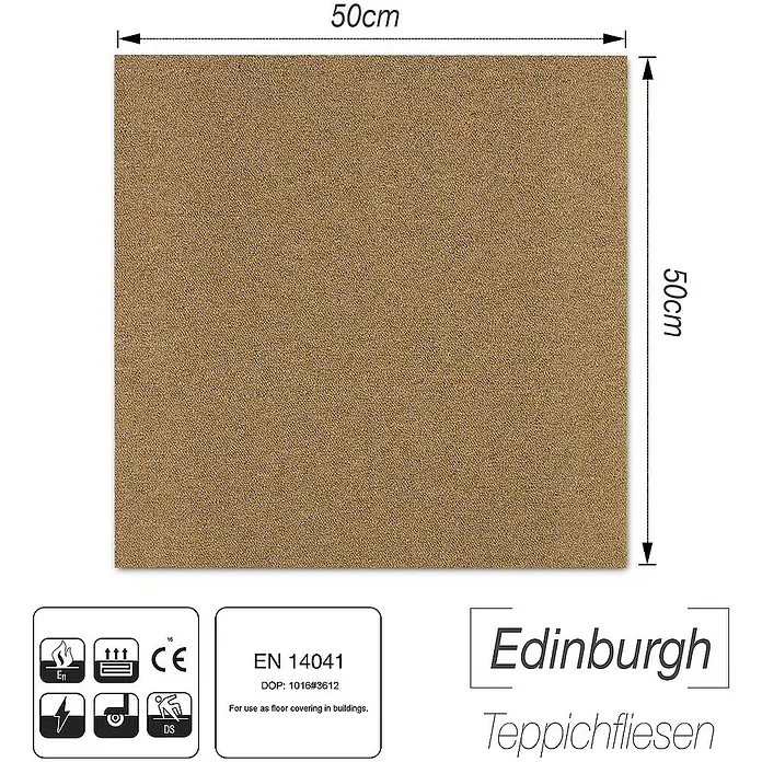 Floordirekt Teppichfliese Edinburgh - 50 x 50 cm - 0,25 m² - Beige - Breite: 50 cm, Nylon, Beige