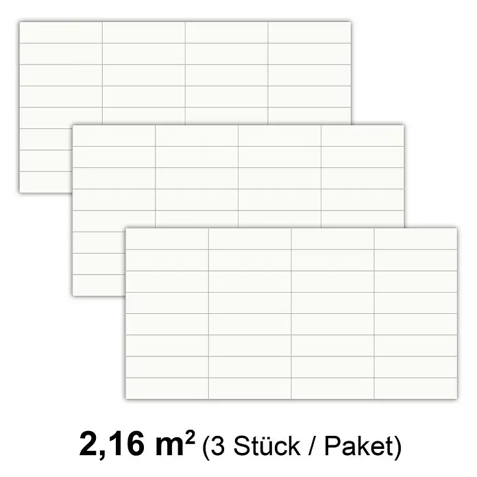 Revêt Wandpaneel SPC Wall Butcherblock - 1.200 x 600 mm, Weiß, Hochglänzend - Abbildung von drei weißen, rechteckigen Wandfliesen mit grauen Fugenlinien. Jedes Paket enthält 3 Stück und deckt 2,16 m² ab.