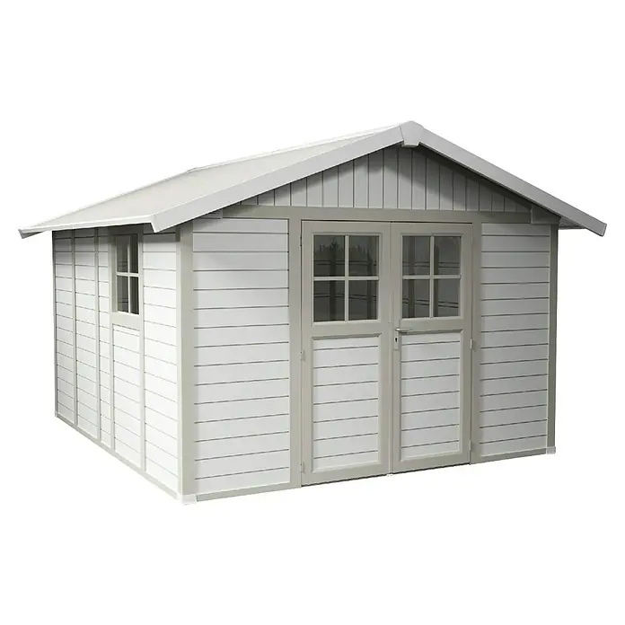 Grosfillex Caseta para jardín Deco - Medidas ext. (An x Pr): 315 x 357 cm, Plástico, Blanco/Gris verdoso, 11 m² - Imagen de un cobertizo de jardín blanco con puertas dobles y una ventana, ideal para el almacenamiento en el jardín.