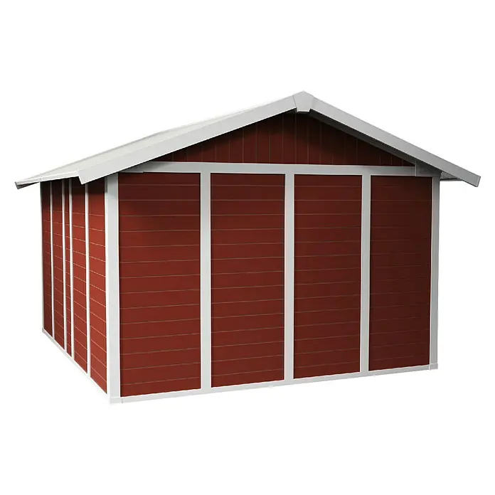 Grosfillex Caseta para jardín Deco - Medidas ext. (An x Pr): 315 x 357 cm, Plástico, Blanco/Rojo, 11 m² - La imagen muestra una caseta de jardín de madera roja con detalles blancos y un techo a dos aguas. Se ve resistente y ofrece espacio de almacenamiento.