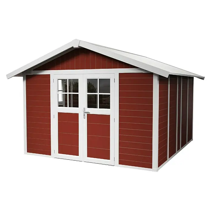 Grosfillex Caseta para jardín Deco - Medidas ext. (An x Pr): 315 x 357 cm, Plástico, Blanco/Rojo, 11 m² - Caseta de jardín de madera roja con detalles blancos y puerta doble. Ideal para herramientas y equipos de jardín, ofrece almacenamiento exterior práctico.