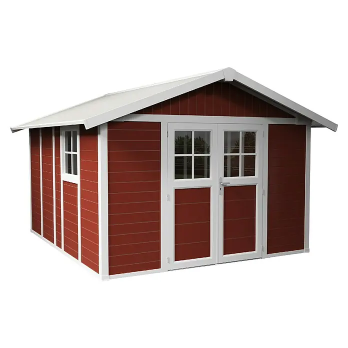 Grosfillex Caseta para jardín Deco - Medidas ext. (An x Pr): 315 x 357 cm, Plástico, Blanco/Rojo, 11 m² - Imagen de un cobertizo de jardín marrón rojizo con techo blanco y marcos de ventanas y puertas blancos.