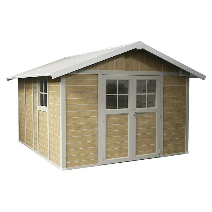 Grosfillex Caseta para jardín Deco - Medidas ext. (An x Pr): 315 x 357 cm, Plástico, Blanco/Efecto madera, 11 m² - Una caseta de jardín con doble puerta y una ventana, diseñada con paneles de madera marrón claro y detalles blancos, ideal para guardar cosas en el jardín.