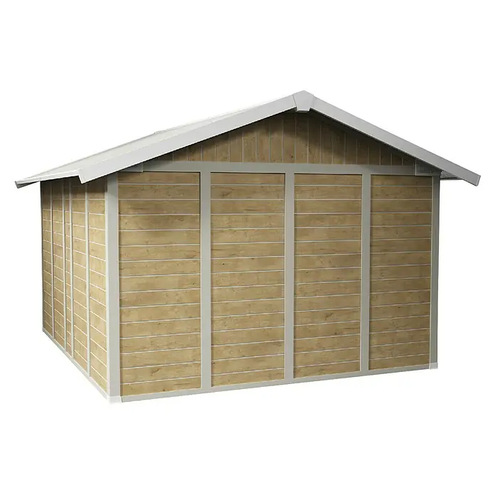 Grosfillex Caseta para jardín Deco - Medidas ext. (An x Pr): 315 x 357 cm, Plástico, Blanco/Efecto madera, 11 m² - Vista de una caseta de jardín de madera con estructura metálica y tejado a dos aguas, ideal para almacenaje y como elemento de diseño.