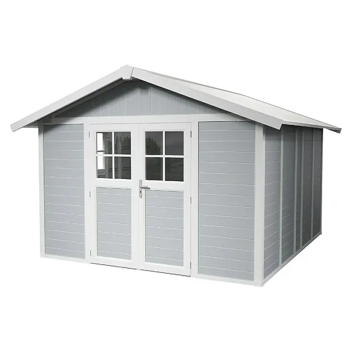 Grosfillex Caseta para jardín Deco - Medidas ext. (An x Pr): 315 x 357 cm, Plástico, Blanco/Gris claro, 11 m² - Vista detallada de un cobertizo de jardín gris con detalles blancos, que muestra su construcción robusta y solución de almacenamiento práctica.