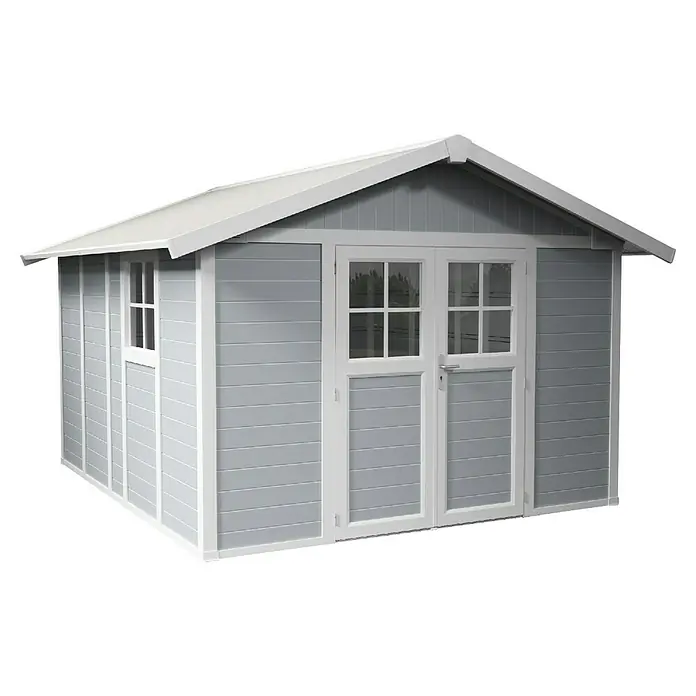 Grosfillex Caseta para jardín Deco - Medidas ext. (An x Pr): 315 x 357 cm, Plástico, Blanco/Gris claro, 11 m² - Una caseta de jardín gris con adornos blancos y puertas dobles. La caseta ofrece almacenamiento y protección al aire libre.