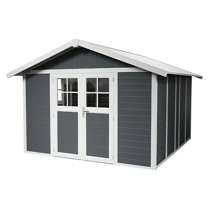 Grosfillex Caseta para jardín Deco - Medidas ext. (An x Pr): 315 x 357 cm, Plástico, Blanco/Gris oscuro, 11 m² - Caseta de jardín espaciosa en antracita con estructura blanca y doble puerta. Ideal para guardar herramientas y accesorios de jardín.