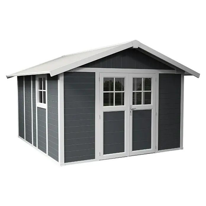 Grosfillex Caseta para jardín Deco - Medidas ext. (An x Pr): 315 x 357 cm, Plástico, Blanco/Gris oscuro, 11 m² - Atractivo cobertizo de jardín color antracita con detalles en blanco. La caseta dispone de puertas dobles y una pequeña ventana para buena iluminación.