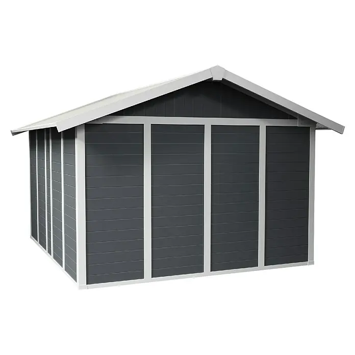 Grosfillex Caseta para jardín Deco - Medidas ext. (An x Pr): 315 x 357 cm, Plástico, Blanco/Gris oscuro, 11 m² - Vista de una caseta de jardín con revestimiento de madera gris con detalles blancos. La caseta tiene un tejado a dos aguas con alero sobresaliente.