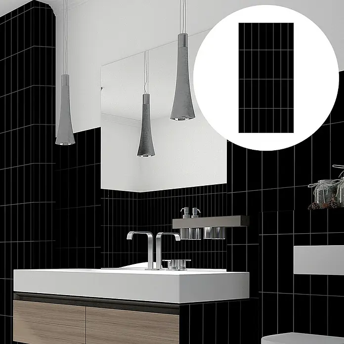 Revêt Wandpaneel SPC Wall Butcherblock - 1.200 x 600 mm, Schwarz, Hochglänzend - Badezimmer-Szene mit schwarzen, rechteckigen Wandfliesen und einem abgerundeten Vorschaubild der Fliesen für einen klaren Fokus auf das Produkt.
