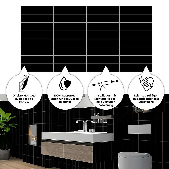 Revêt Wandpaneel SPC Wall Butcherblock - 1.200 x 600 mm, Schwarz, Hochglänzend - Schwarze Wandfliesen mit Produkteigenschaften wie einfache Montage, wasserfest, Montagekleber-Installation und antibakterielle Oberfläche.