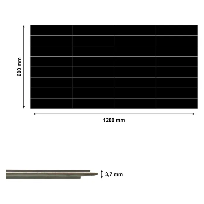 Revêt Wandpaneel SPC Wall Butcherblock - 1.200 x 600 mm, Schwarz, Hochglänzend - Abbildung eines schwarzen Solarpanels mit den Maßen 1200 mm x 600 mm und einer Dicke von 3,7 mm. Perfekt für erneuerbare Energielösungen!