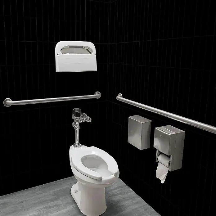 Revêt Wandpaneel SPC Wall Butcherblock - 1.200 x 600 mm, Schwarz, Hochglänzend - Barrierefreie Toilette mit Haltegriffen, Papierhandtuchspender und Toilettenpapierspender in einem modernen Badezimmer.