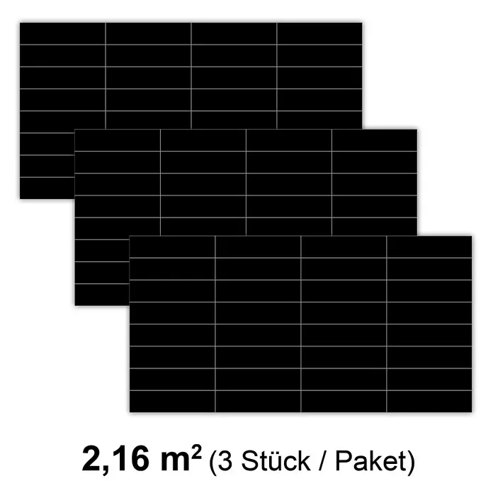 Revêt Wandpaneel SPC Wall Butcherblock - 1.200 x 600 mm, Schwarz, Hochglänzend - Bild von drei schwarzen Paneelen mit weißen Linien und der Information "2,16 m² (3 Stück / Paket)".