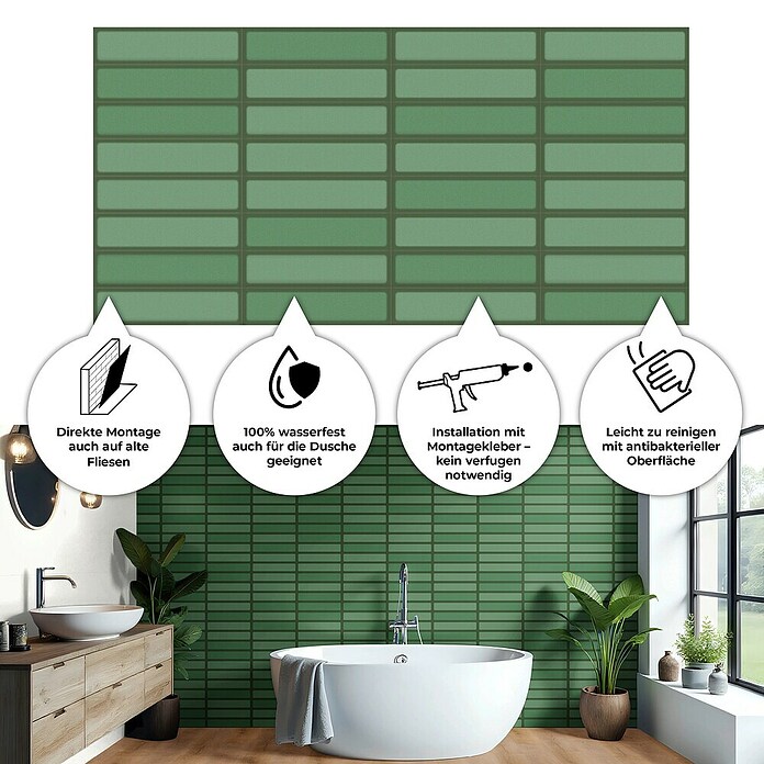 Revêt Wandpaneel SPC Wall Butcherblock (1 200 x 600 mm, Butcherblock Green High Gloss, Hochglänzend) | BAUHAUS