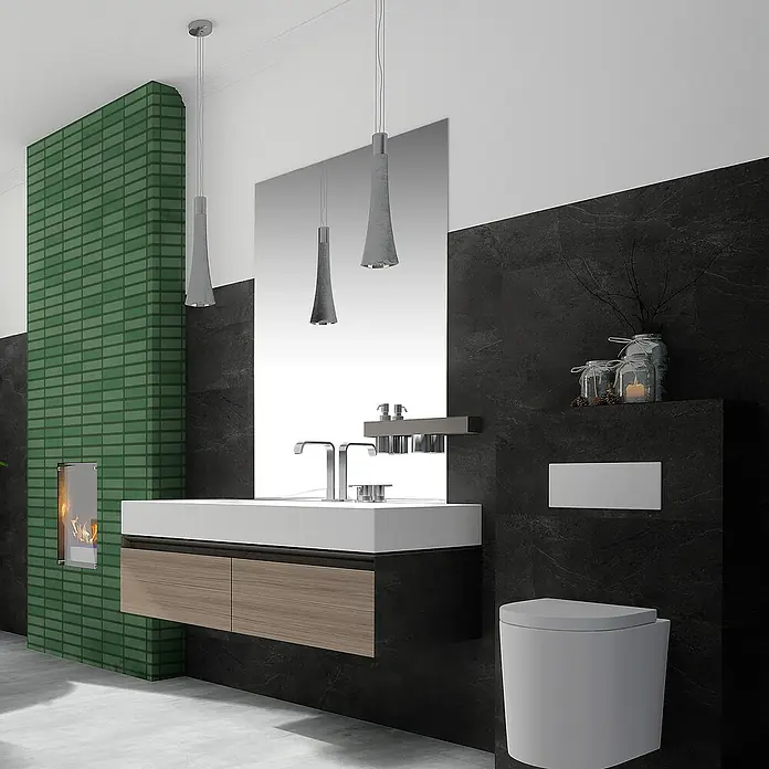 Revêt Wandpaneel SPC Wall Butcherblock - 1.200 x 600 mm, Grün, Hochglänzend - Modernes Badezimmer mit stilvollem Waschtisch, minimalistischem Design und eleganter Beleuchtung für ein entspannendes Ambiente.
