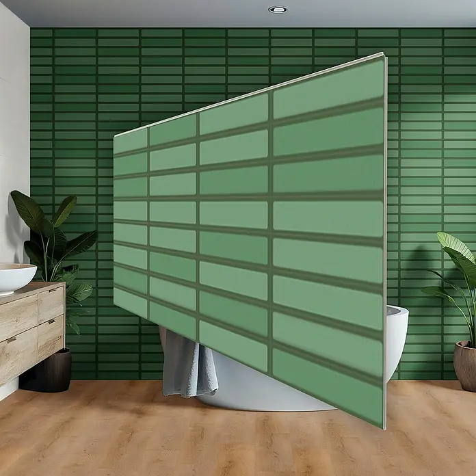 Revêt Wandpaneel SPC Wall Butcherblock - 1.200 x 600 mm, Grün, Hochglänzend - Das Bild zeigt eine moderne Badewanne mit einer stilvollen grünen Glaswand, die für Privatsphäre sorgt und das Badezimmerdesign aufwertet.