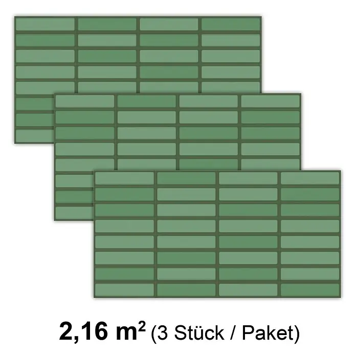 Revêt Wandpaneel SPC Wall Butcherblock - 1.200 x 600 mm, Grün, Hochglänzend - Darstellung von grünen rechteckigen Fliesenpaketen, die jeweils 2,16 m² abdecken (3 Stück/Paket).