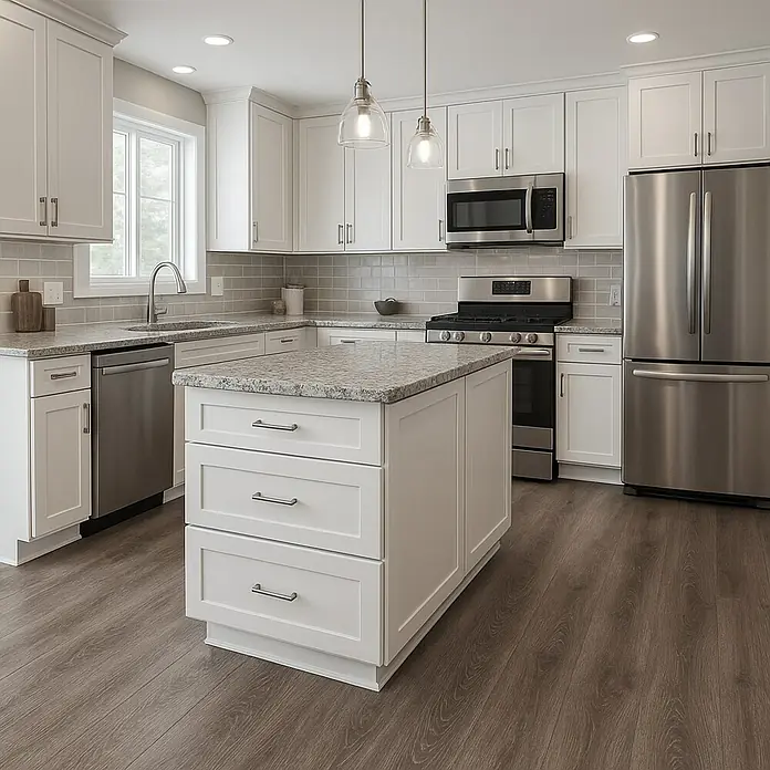 Suelo vinílico SPC Aneto - 1.222 x 182 x 1,5 mm, Marrón, Resistente al agua - Elegante cocina con isla blanca y electrodomésticos de acero inoxidable. La encimera tiene un acabado jaspeado en gris claro que combina con el suelo.