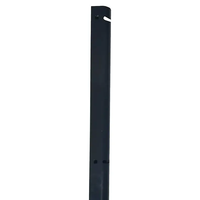 FA-Bausysteme Zaunabschlussleiste U-Profil - Stahl, 140 cm, Anthrazit, Passend für: Doppelstabmattenzäune - Nahaufnahme eines dunkelgrauen Metallregalrahmens. Sichtbare Löcher und ein Haken zur Montage.