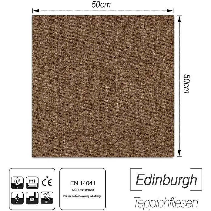 Floordirekt Teppichfliese Edinburgh - 50 x 50 cm - 0,25 m² - Braun - Nylon, Braun