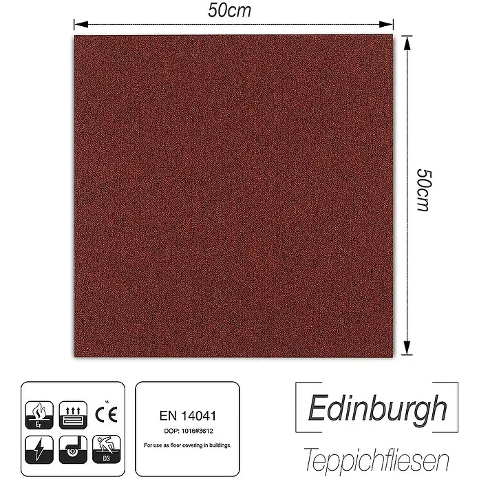 Floordirekt Teppichfliese Edinburgh - 50 x 50 cm - 0,25 m² - Rot - Nylon, Rot