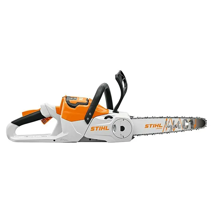 Stihl Akku-Kettensäge MSA 70 C-B - Li-Ionen, Ohne Akku, Schwertlänge: 30 cm - Eine Akku-Kettensäge von STIHL in Weiß und Orange mit dem Schriftzug "STIHL Light 01" auf dem Schwert.