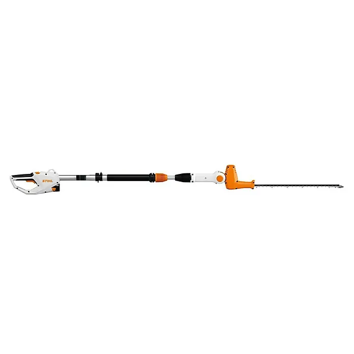Stihl AS Teleskop-Heckenschere HLA 40 - 0,17 kW, Anzahl Akkus: Ohne Akku, Schnittlänge: 45 cm - Eine Stihl Heckenschere mit langem Schaft und weiß-orangem Design, ideal für hohe Hecken.